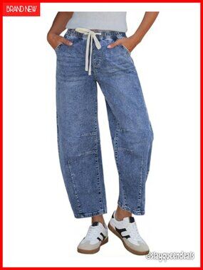 Barrel Jeans for Women Trendy High Waisted Cropped Baggy Wide Leg Pull On